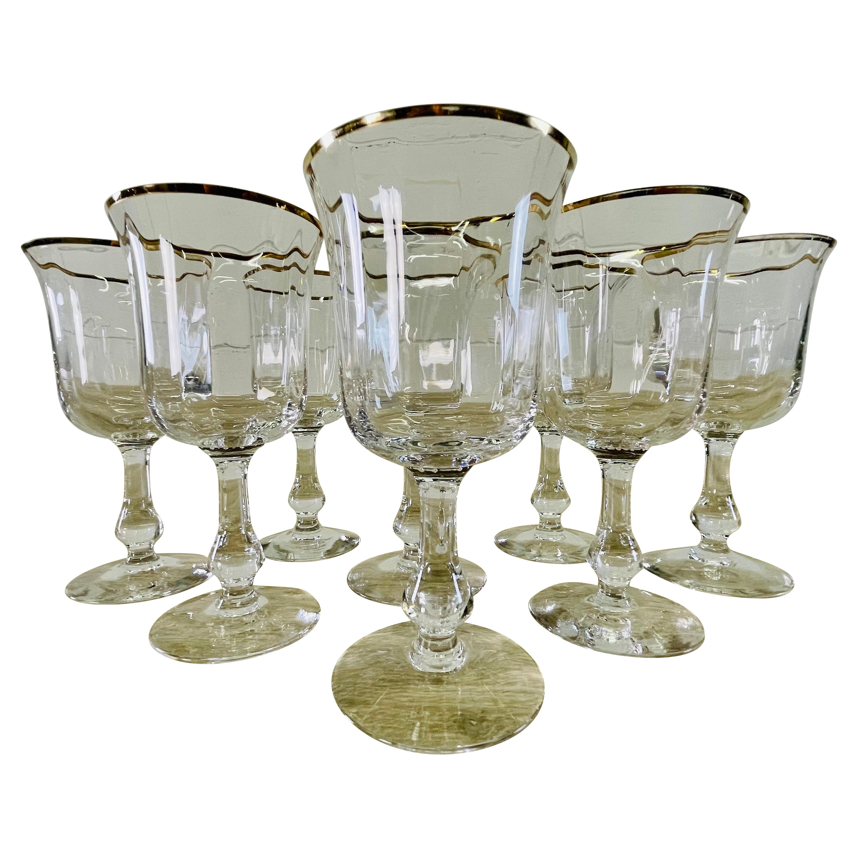 1970s Gold Rim Glass Water Stems, Set of 8