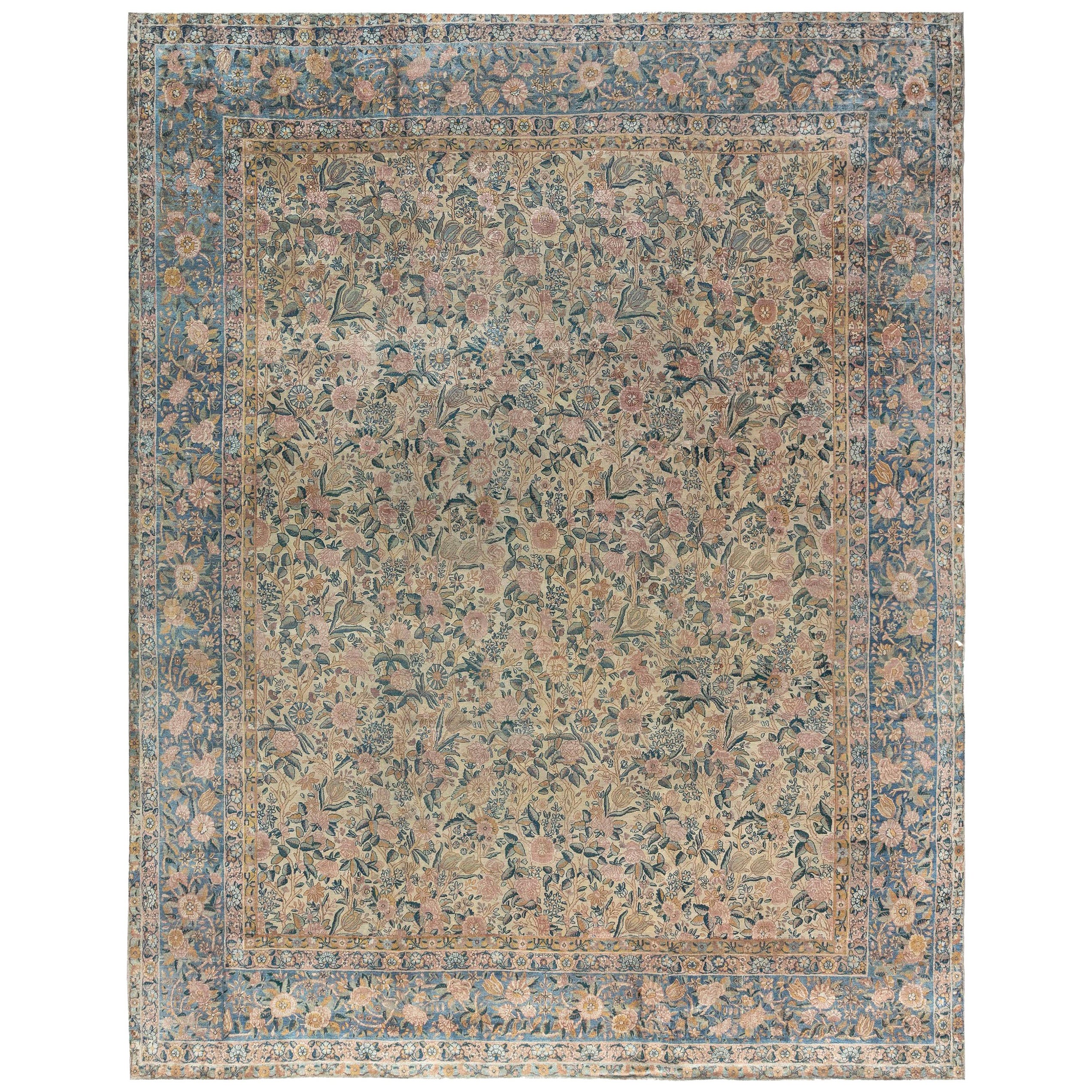 19th Century Persian Kirman Floral Handwoven Rug For Sale
