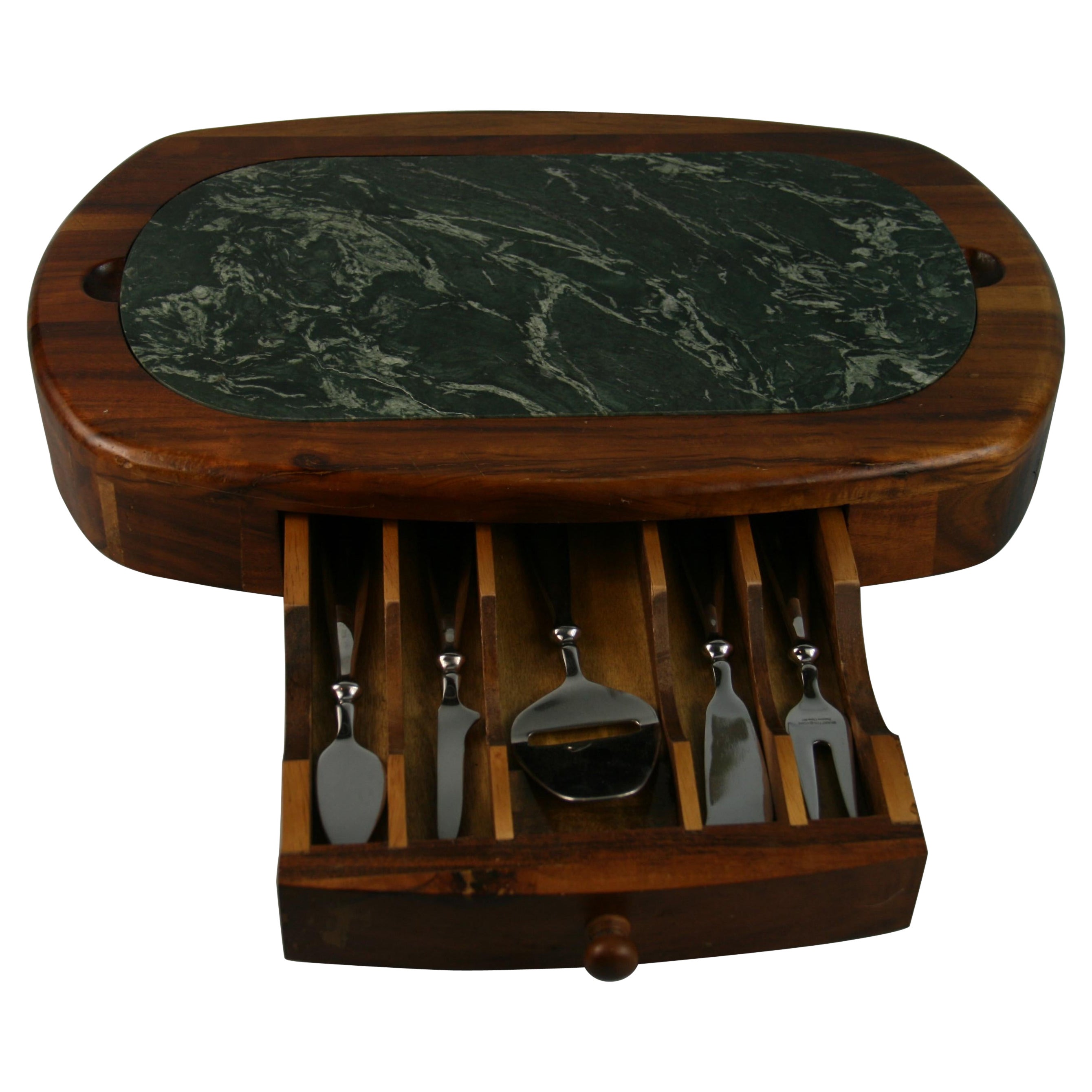 Green Marble and Wood Cheese Board with 5 Stainless Steel Knives For Sale