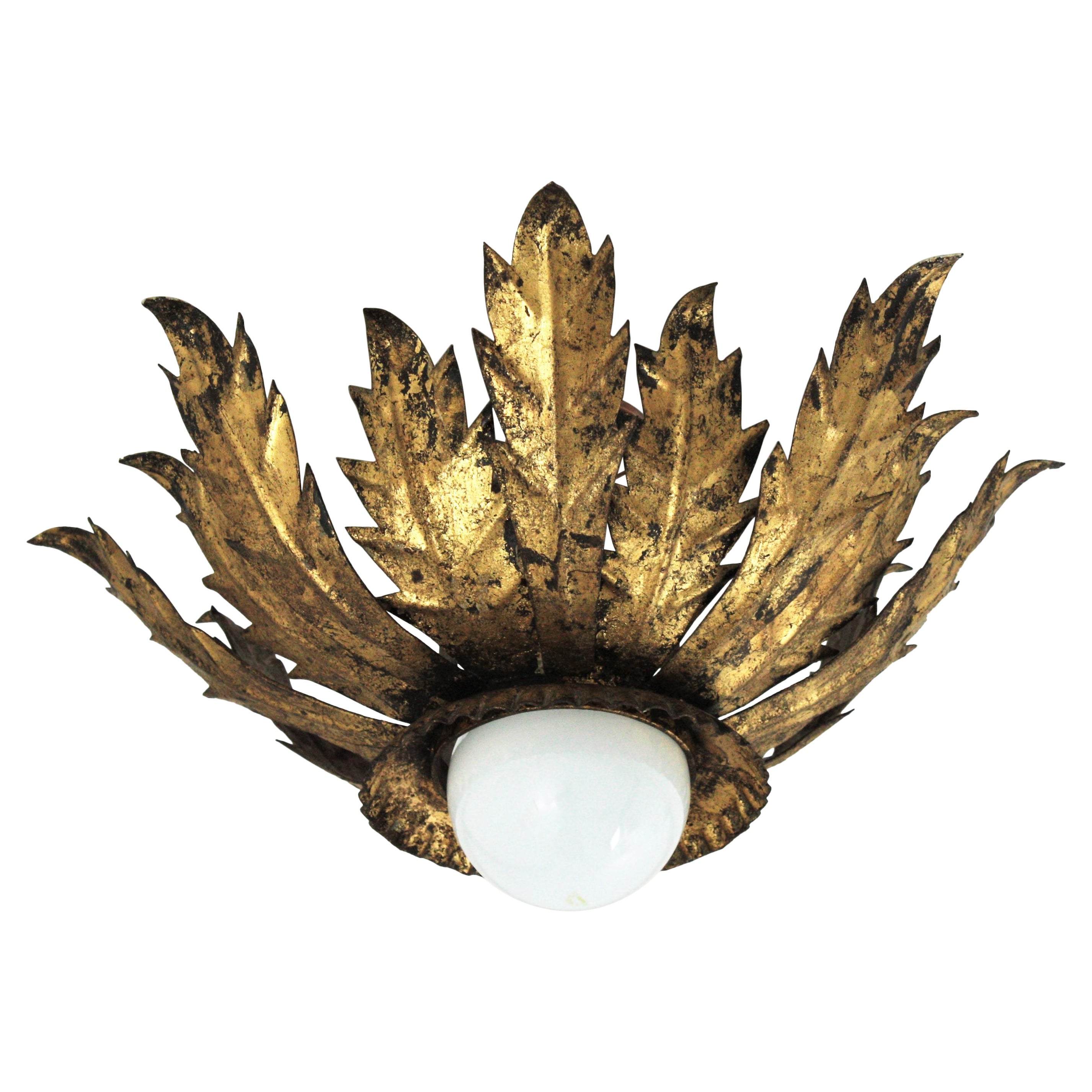 Leafed Crown Sunburst Light Fixture in Gold Gilt Metal For Sale