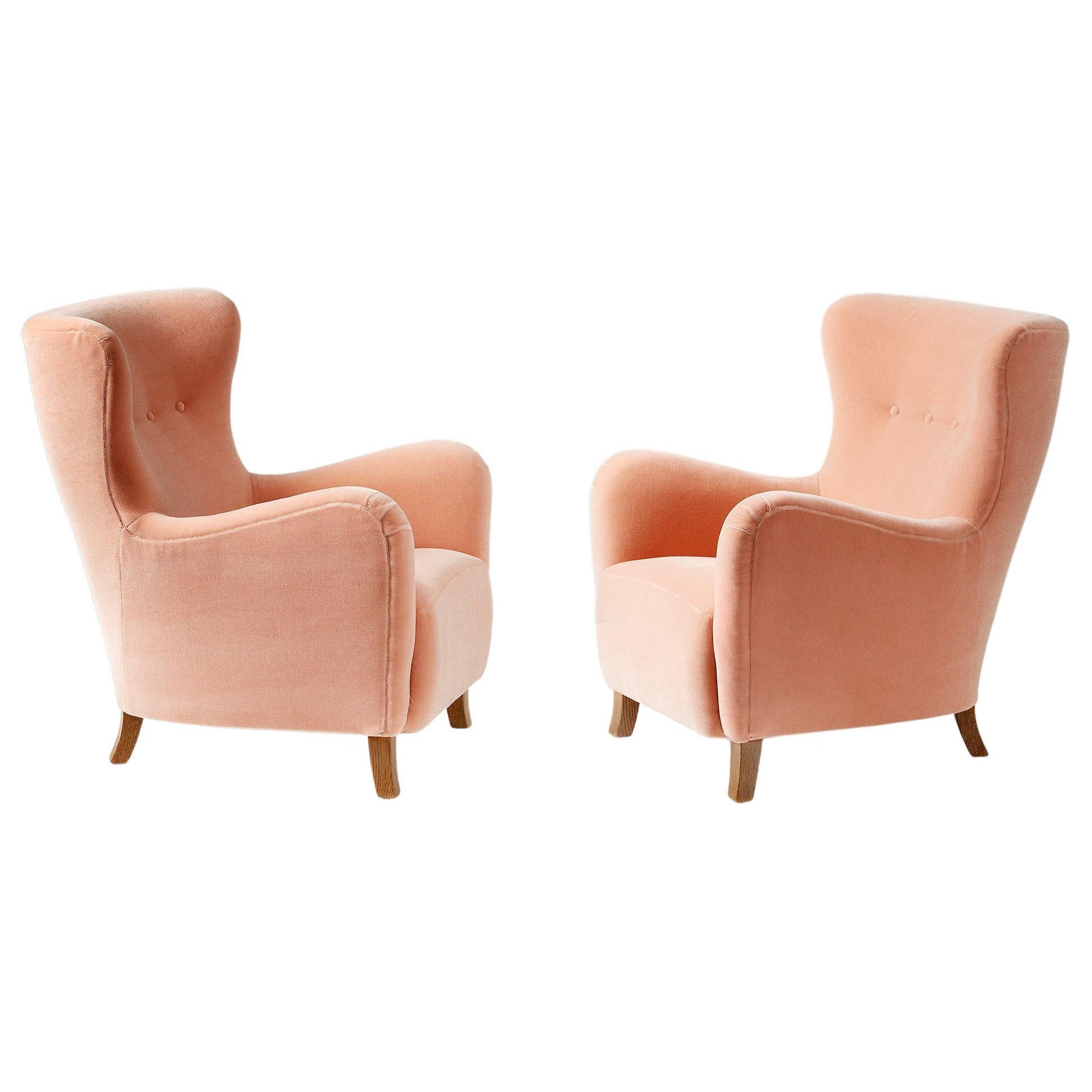 Custom Made Sampo Mohair Velvet Wing Chairs