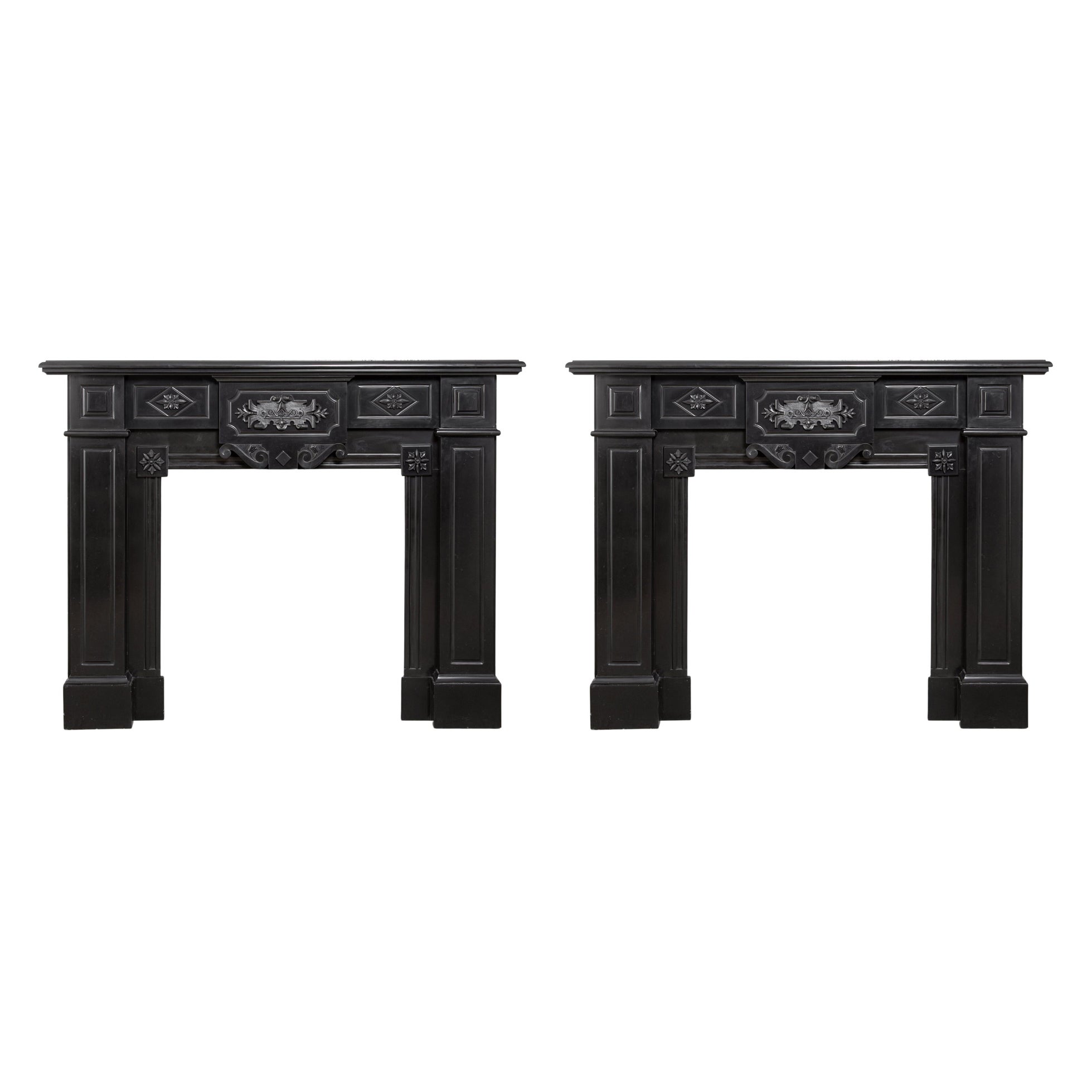 Set of 2 Identical Noir de Mazy Black Marble Full Circulation Fireplace For Sale