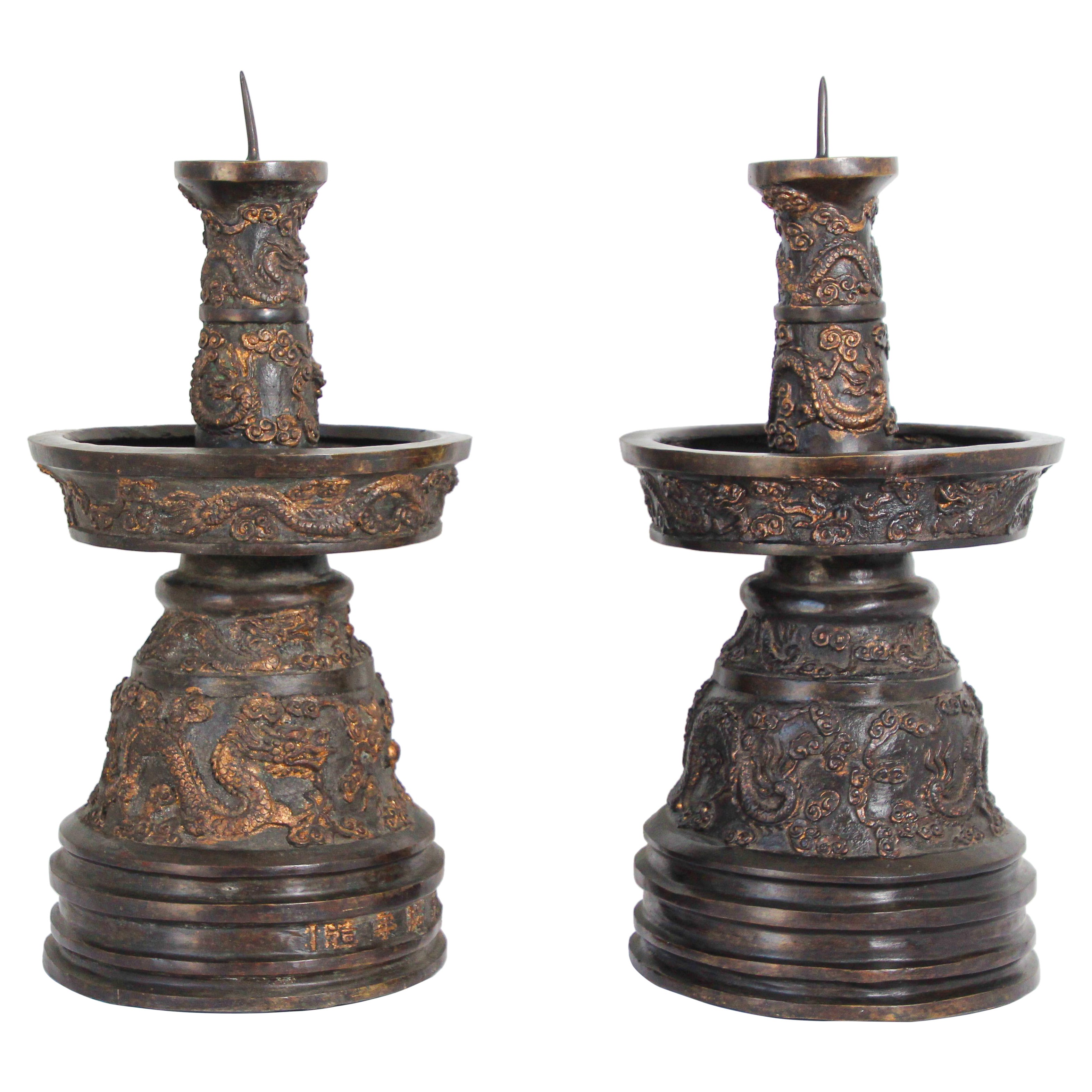 Chinese Bronze Dragons Candlesticks Imperial Style