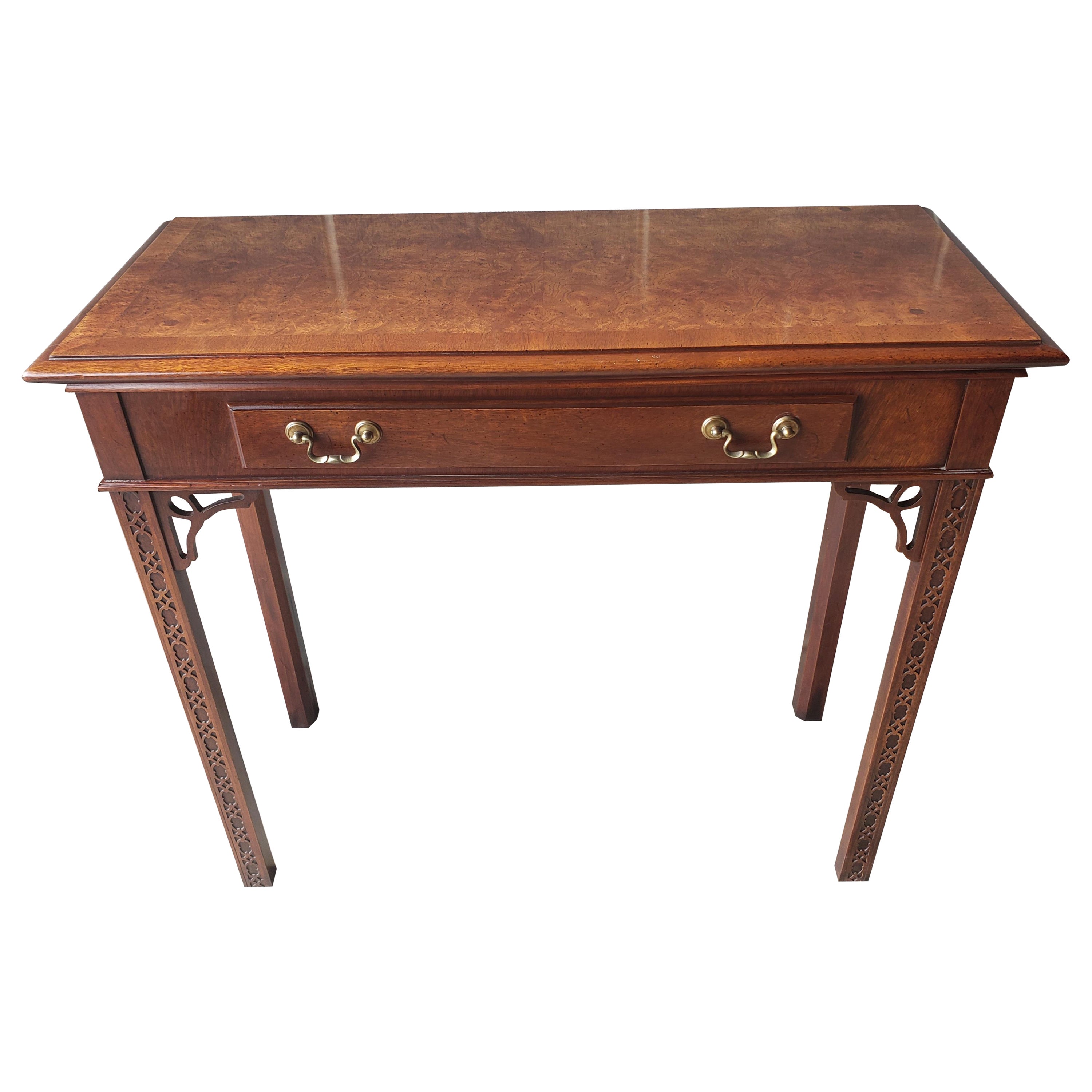 1970s Chippendale Walnut Burl Console Table with Fretwork and Banded Top
