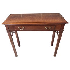 Retro 1970s Chippendale Walnut Burl Console Table with Fretwork and Banded Top