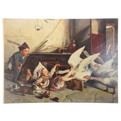 Retro 19th Century Style Painting of Children Playing with Geese