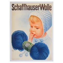 Affiche vintage suisse Schaffhauser en laine Wolle tricotée en fil de laine bleu bébé 1934 