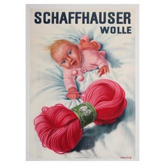 Poster d'epoca Svizzera Schaffhauser Wolle Filato di lana a maglia 1935 Baby in rosa