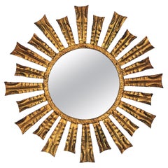 French Sunburst Starburst Mirror in Gilt Iron, 1950s