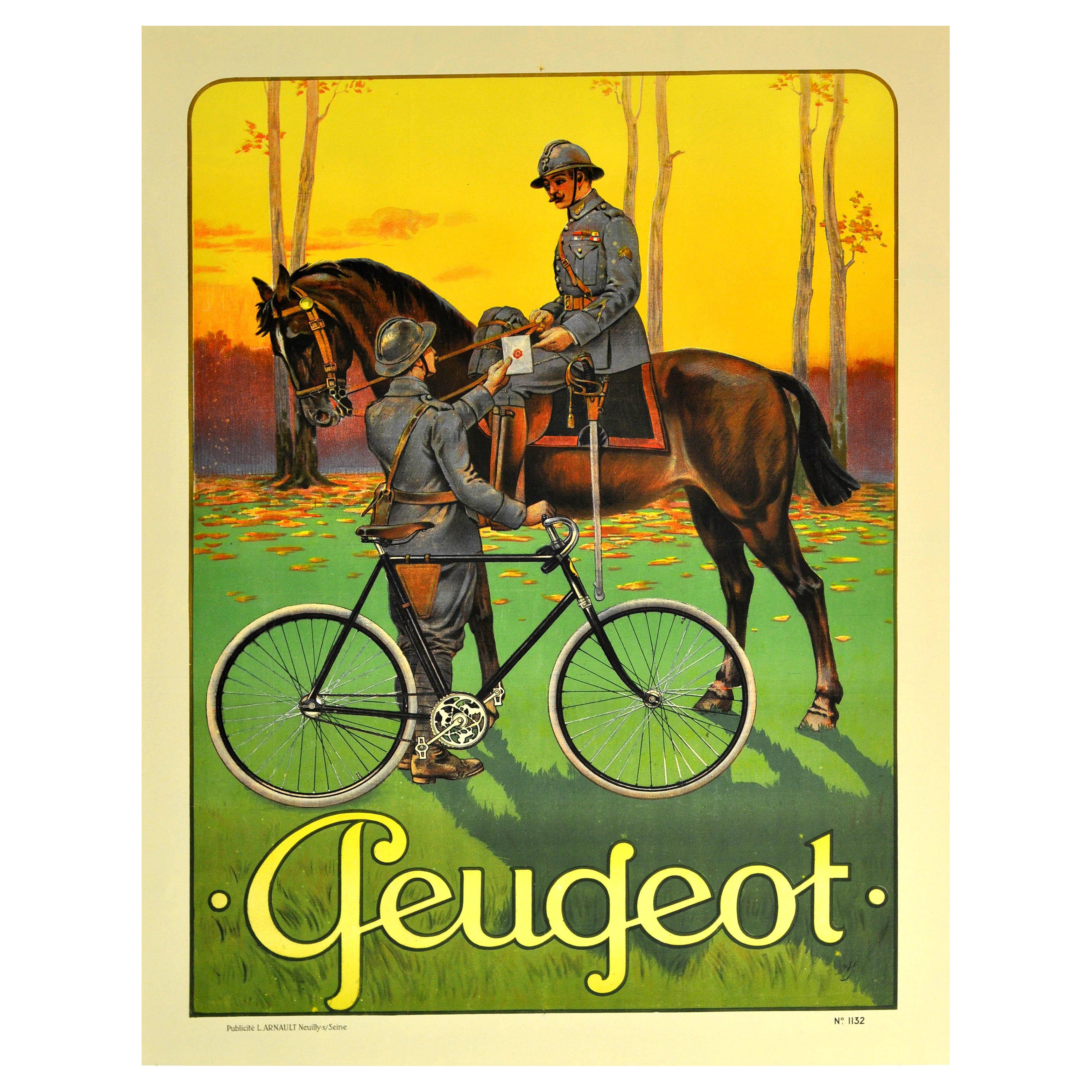 Original Antique Poster Cycles Peugeot Bicycles Messenger Military Horse Soldier
