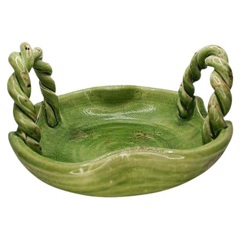 Bright Green Glazed Ceramic Serving Dish with Braided Handles For Sale