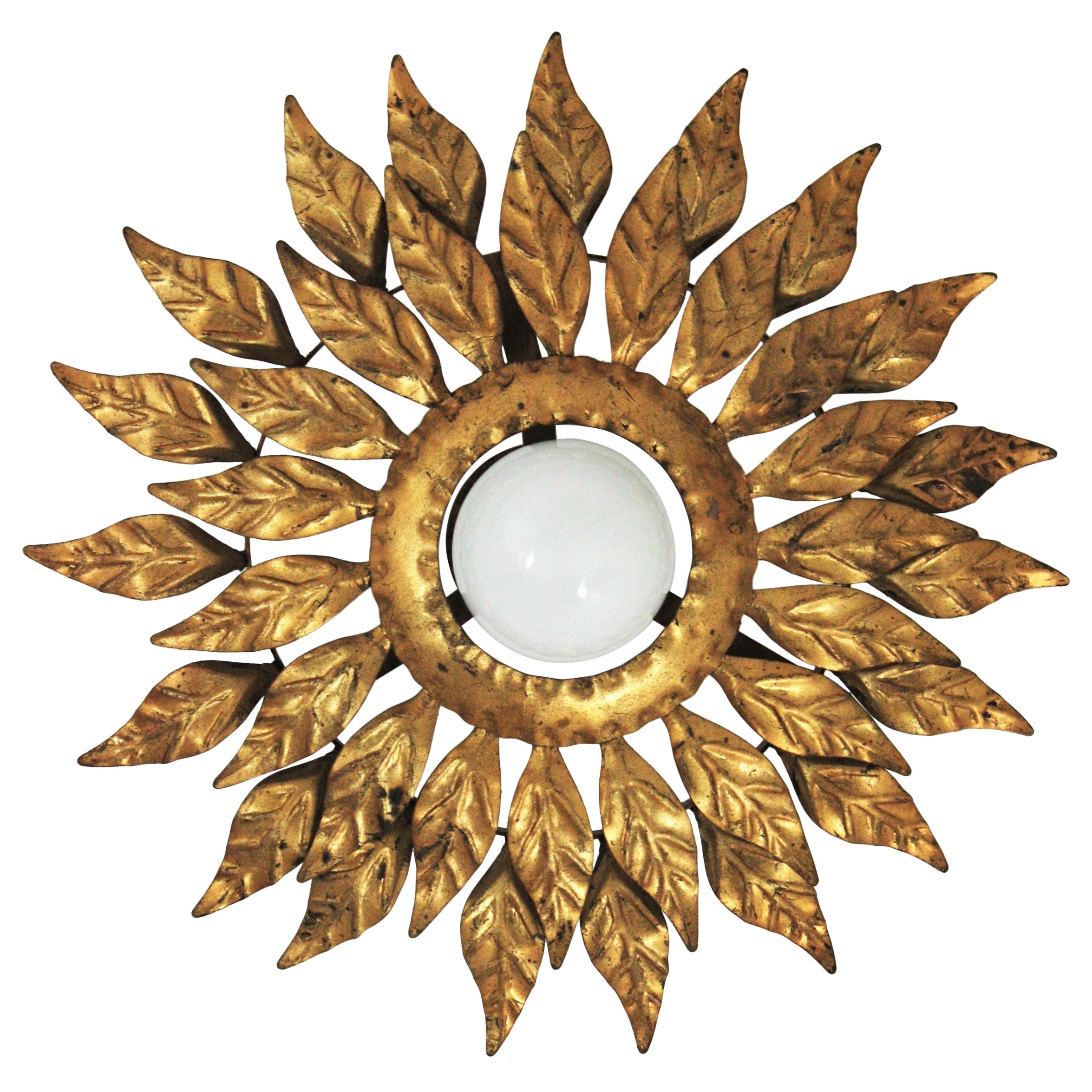 Spanish Sunburst Light Fixture in Gilt Iron with Double Leafed Frame