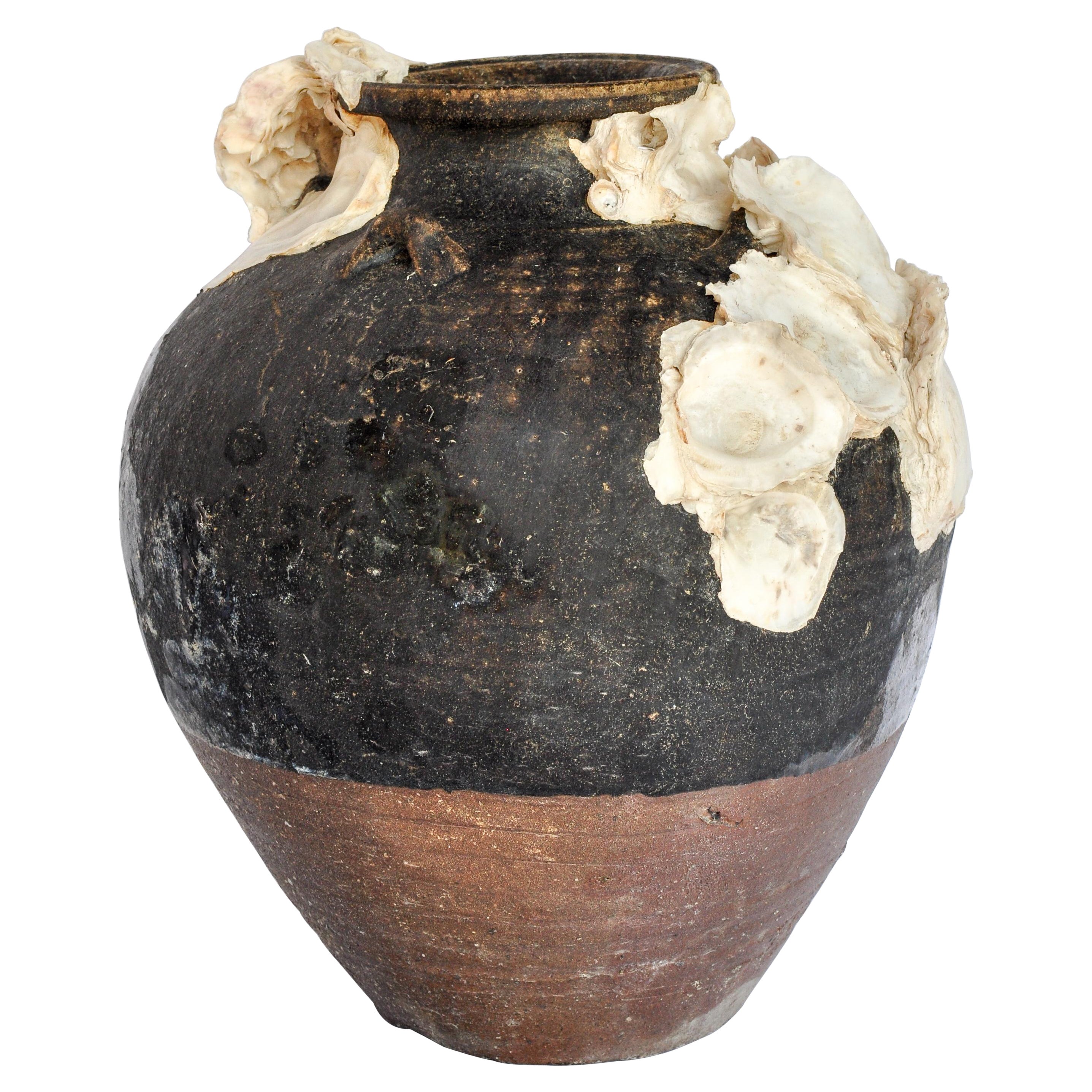 Large Antique Ceramic Jar with Encrustations 15" tall Thailand 14th-15th Century