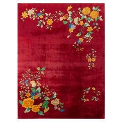 Hand-Knotted Vintage Chinese Art Deco Rug, Red and Gold Floral Pattern