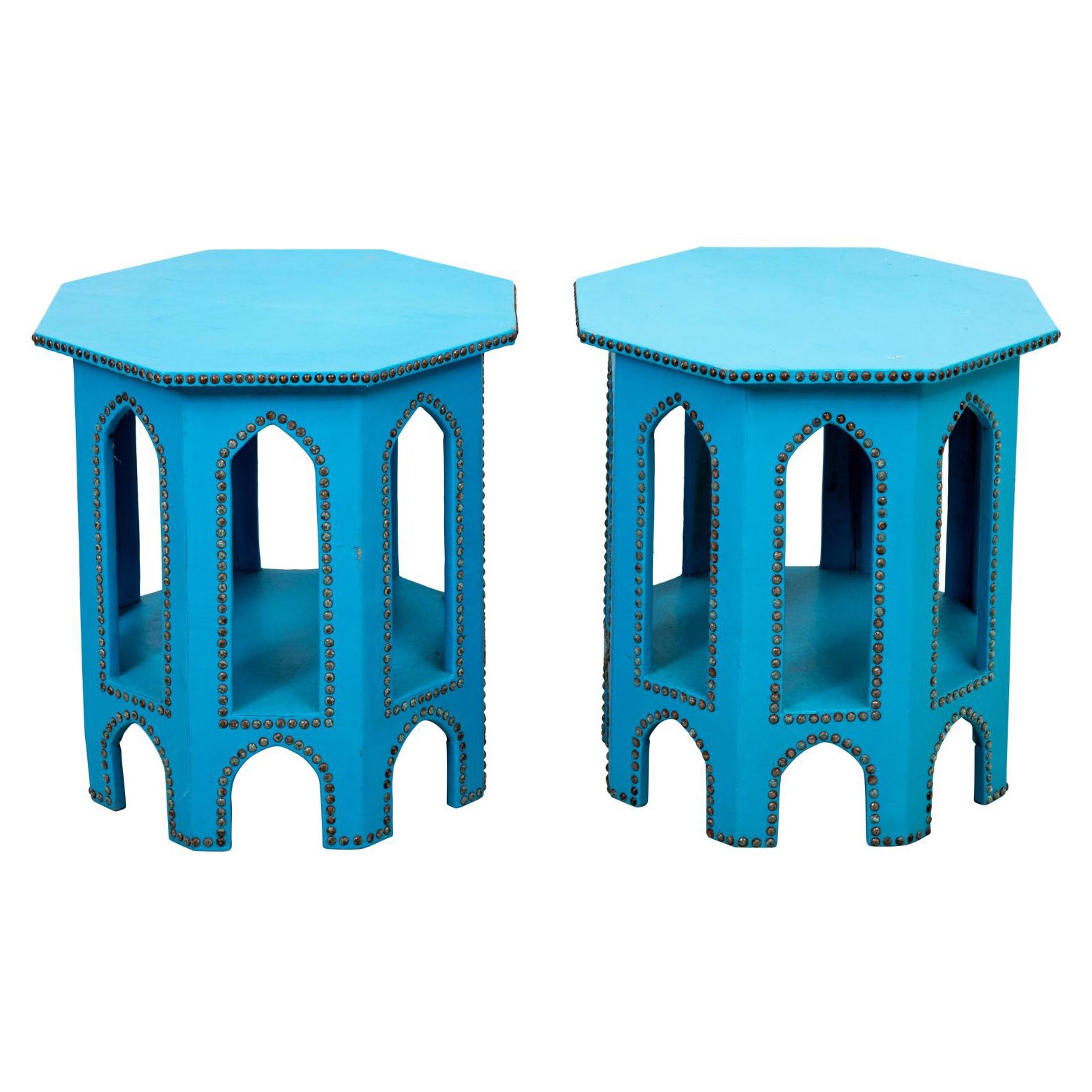 Pair of Blue Leather Octagonal Stands