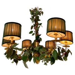 Gild Wood Chandelier with Multitude of Metal Leaves and Colored Flowers, 1950s