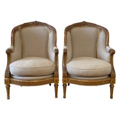Pair of Giltwood Antique Louis XVI Style Bergere Chairs