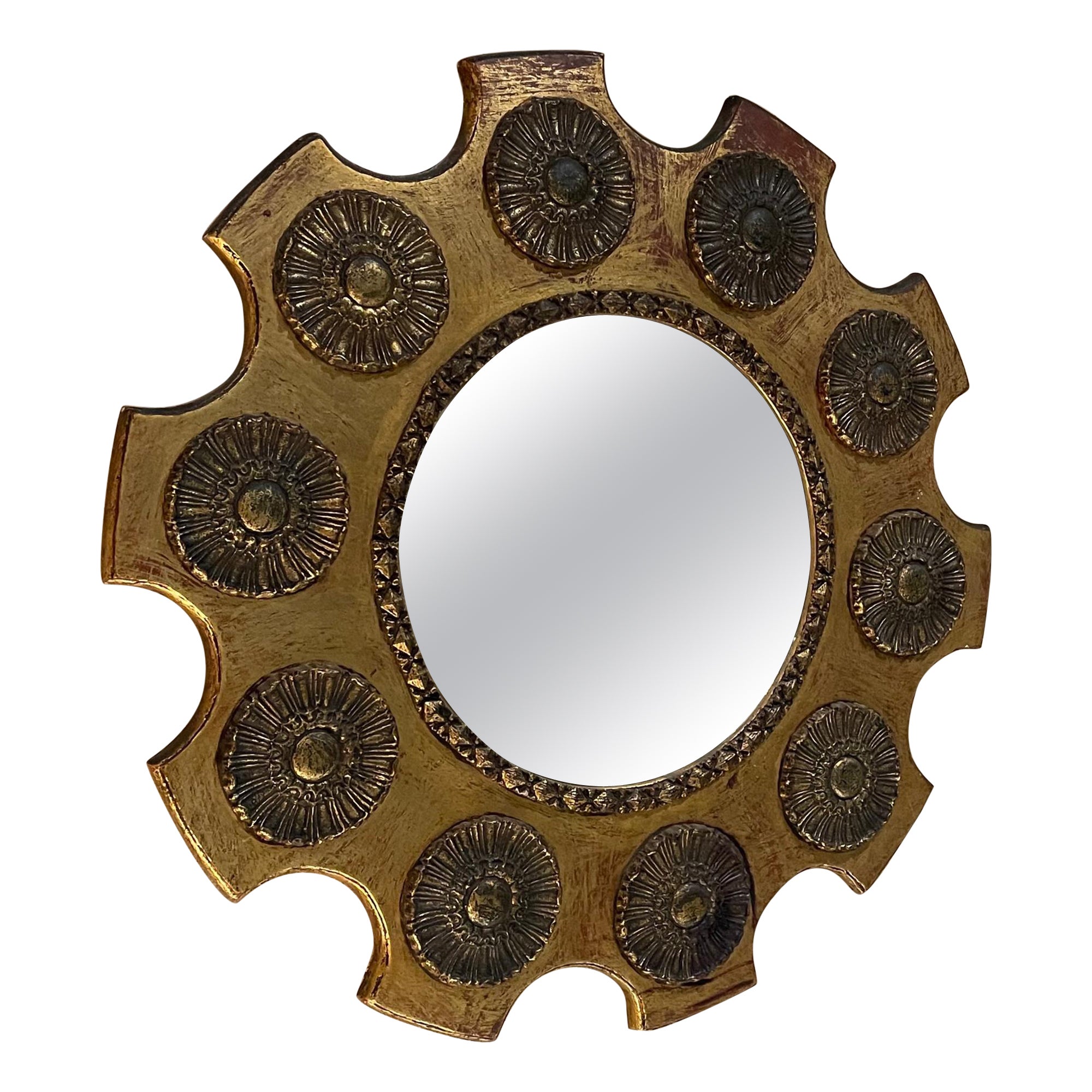 Antique Gold Round Wall Mirror Curved Baroque Medallion Gear in