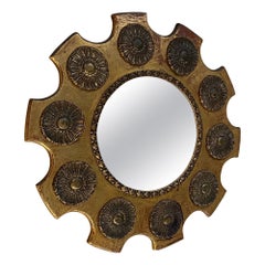 Antique Gold Round Wall Mirror Curved Baroque Medallion Gear in Giltwood, 1950s