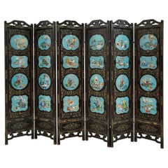 Antique Chinese Folding Screen Mounted with Cloisonné Enamel Panels