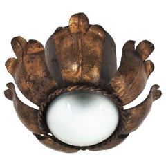 French Flower Bud Light Fixture in Gold Leaf Gilt Iron