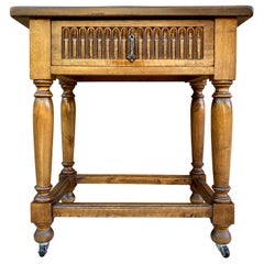 French Walnut Side Table with Drawer, Carved Arches and Column Legs with Wheels,