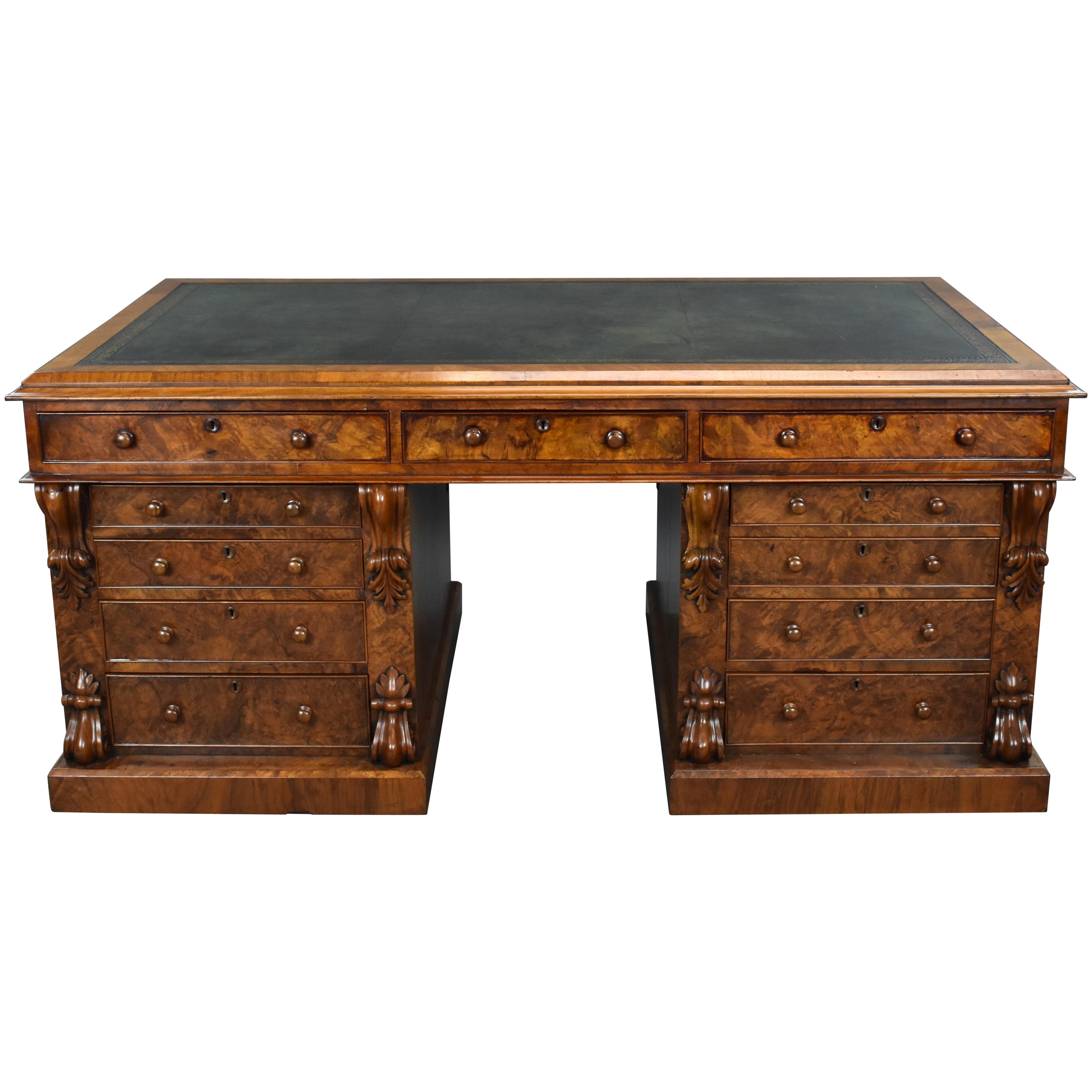 19th Century English Victorian Burr Walnut Pedestal Partners Desk