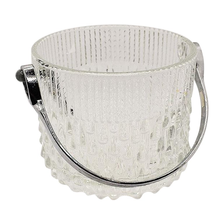 Mid Century Vintage Glass Ice Bucket with Silver Handle For Sale at 1stDibs