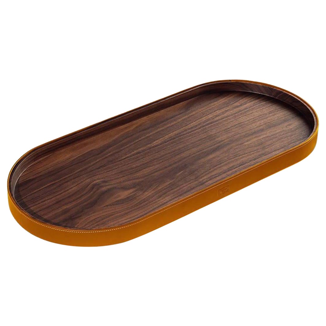 Zhuang, ovales Tablett aus Sattel und extrafarbenem Leder in Kamel