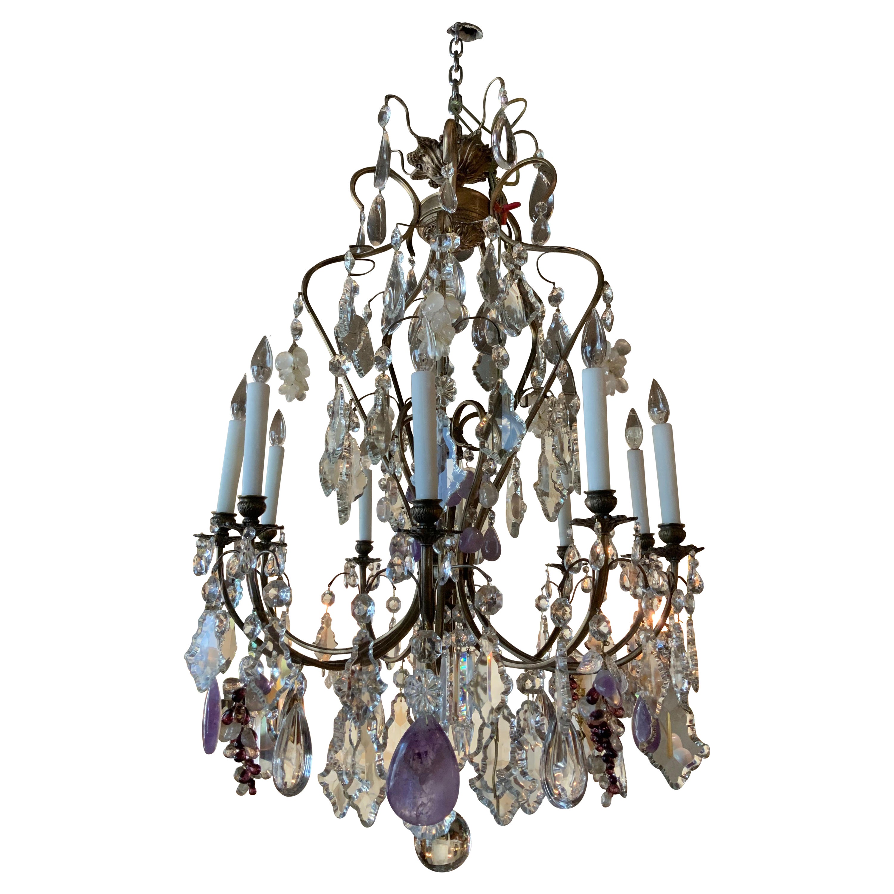 Large French Chandelier with Rock, Clear and Clusters of Amethyst Crystals For Sale