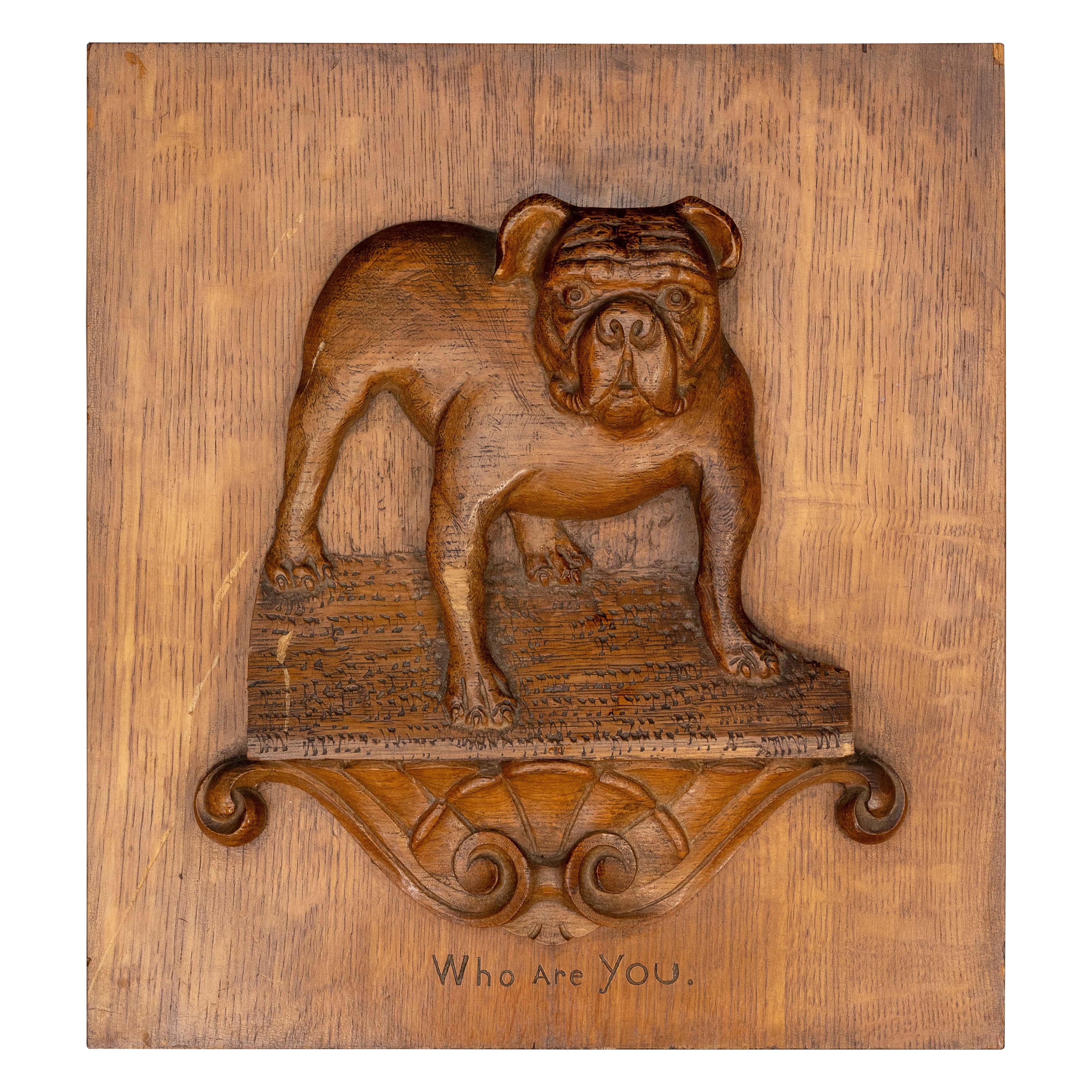 19th Century Oak Panel W/ Carved Bull Dog "Who are You"