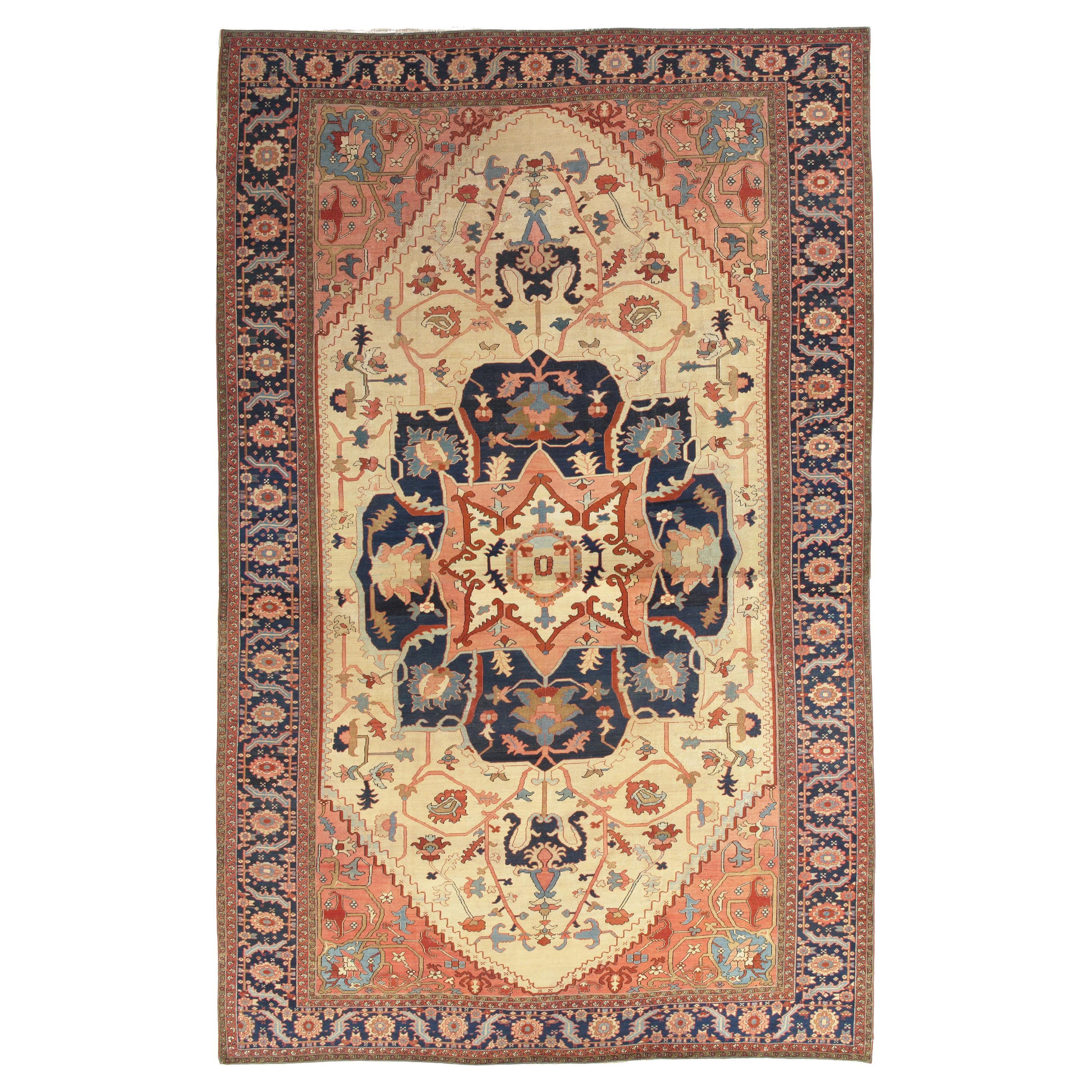 Antique Persian Serapi Carpet, Handmade Wool Oriental Rug, Ivory and Light Blue For Sale