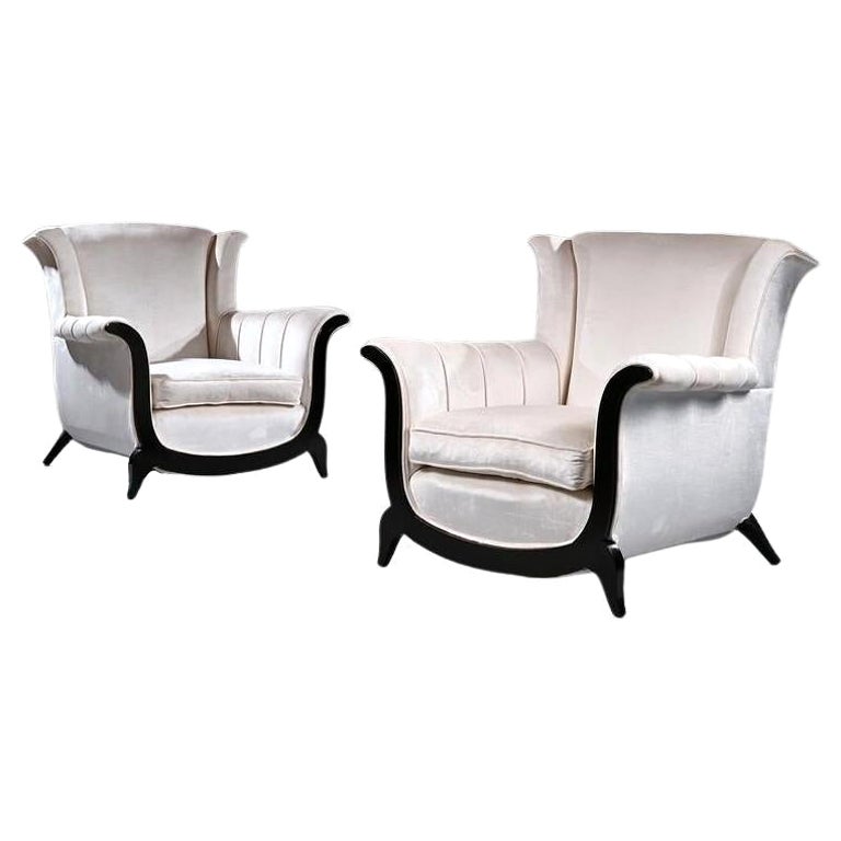Unusual Pair of French Art Deco Ebonised Armchairs in a Crushed Velvet For Sale