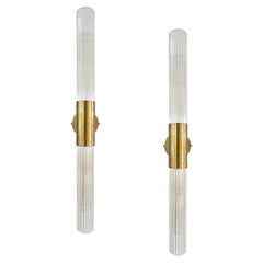 1980s Italian Art Deco Style Pair of Reeded Crystal Glass Brass Tubular Sconces