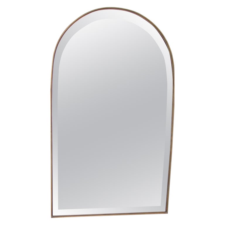 Italian Brass Framed Classic Roman Arch Top Vintage Modernist Mirror For Sale