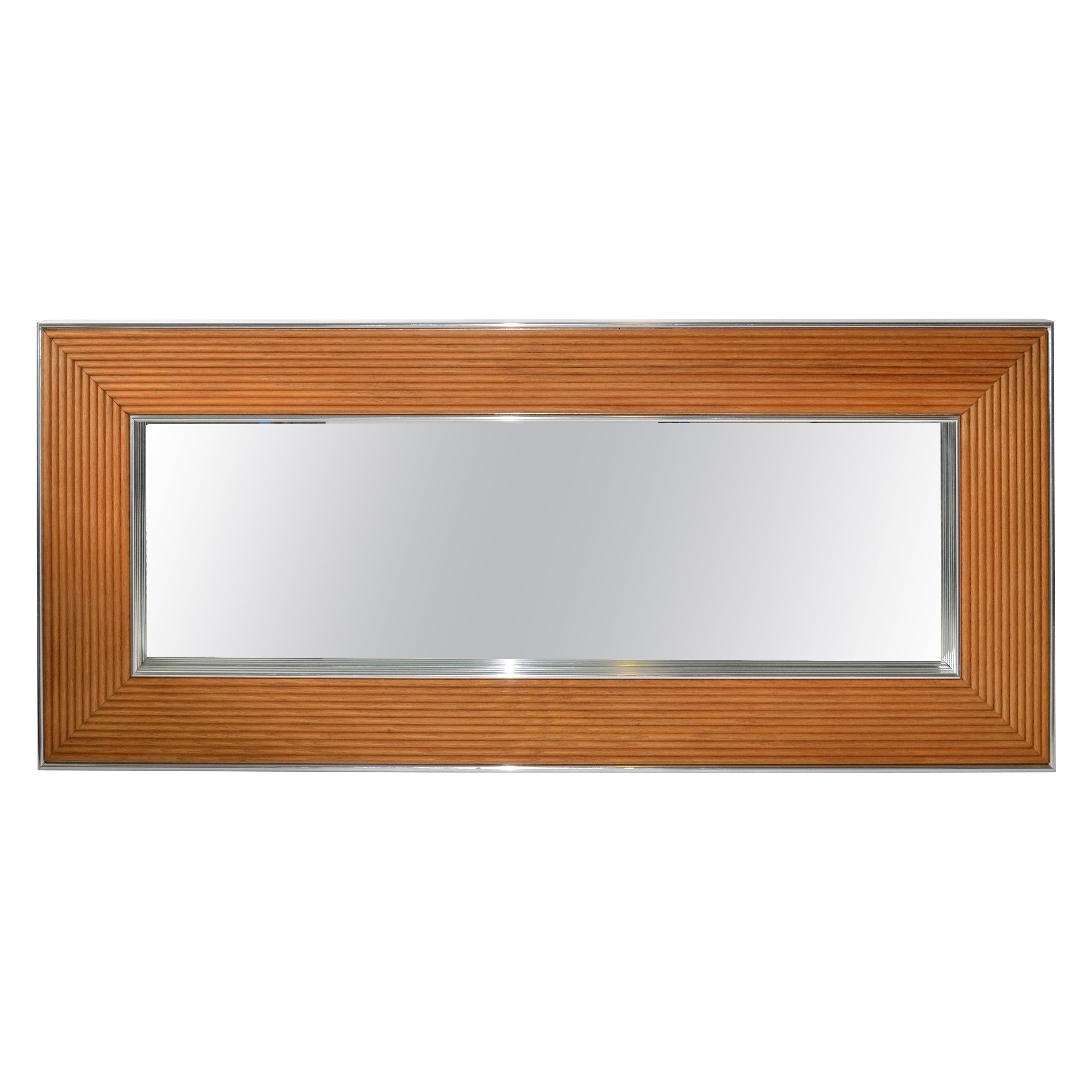Mid-Century Modern Rectangular Chrome & Bamboo Wall Mirror For Sale