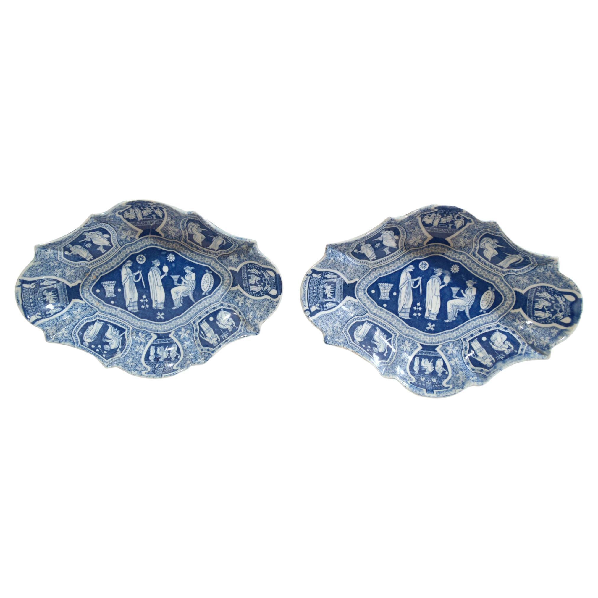 Plats à dessert ovales Spode néoclassiques à motif grec bleu