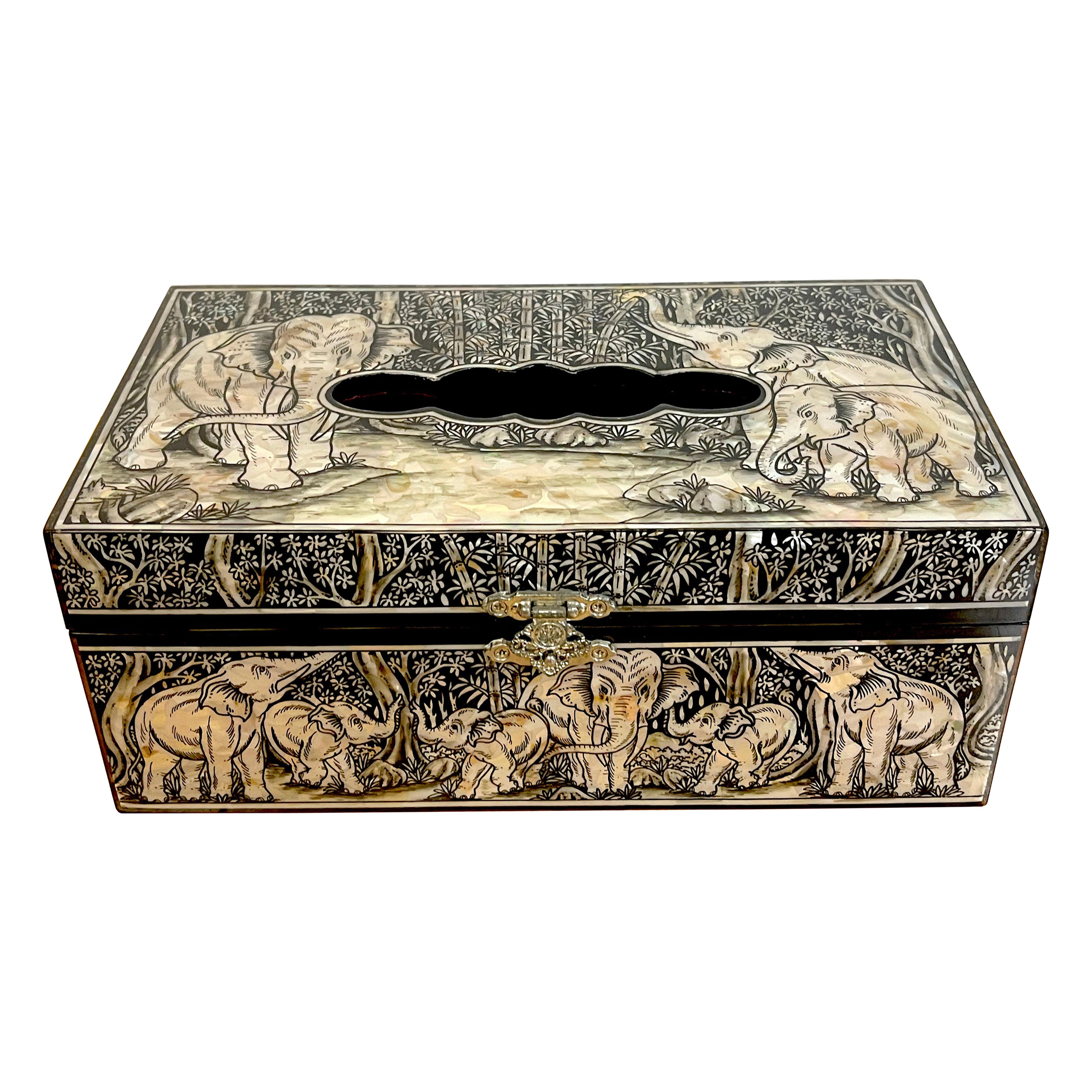 Exquisite Mother of Pearl Inlaid Lacquer Elephant Motif Tissue Box