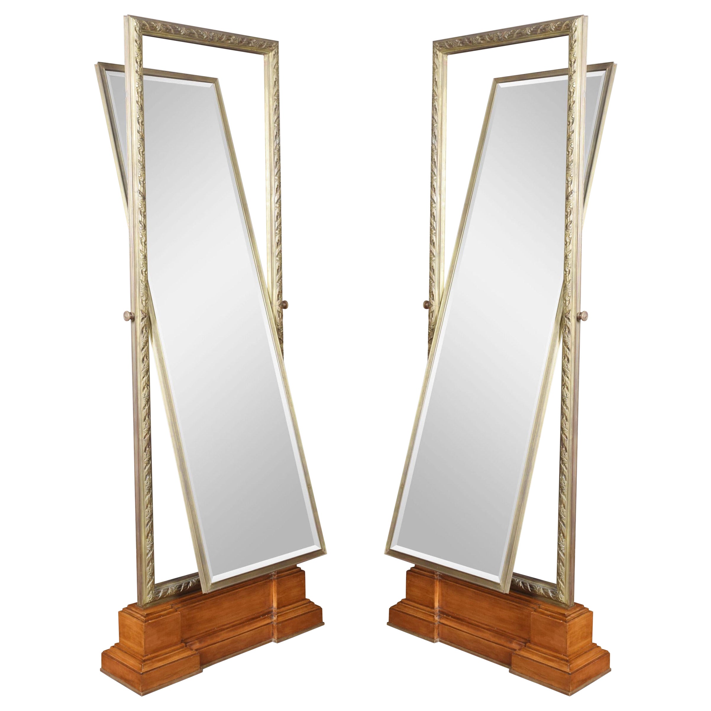 Pair of Versace Showroom Large Tooled Bronze Framed Two Sided Cheval Mirrors For Sale