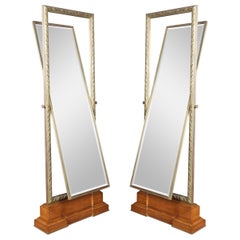 Used Pair of Versace Showroom Large Tooled Bronze Framed Two Sided Cheval Mirrors