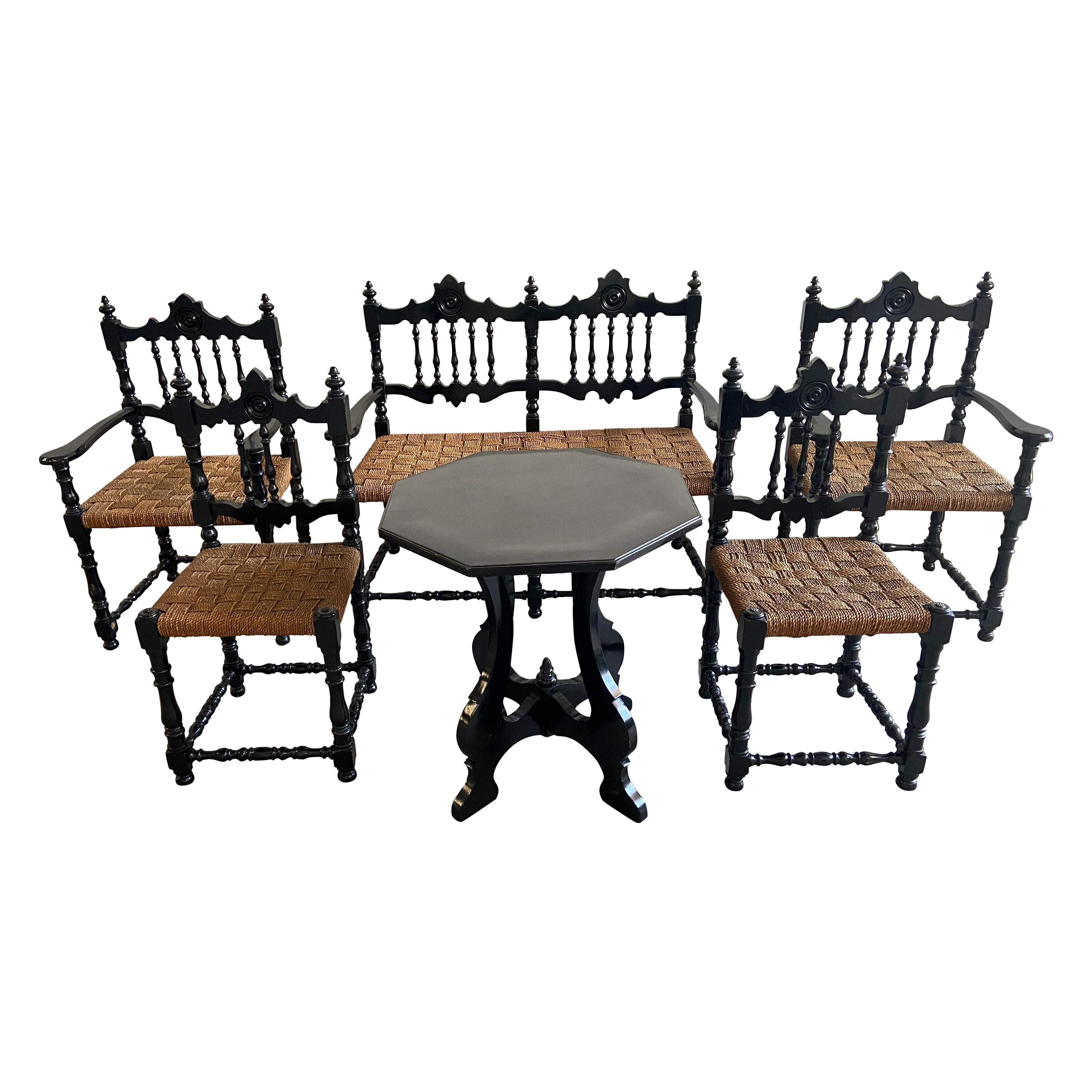 Mid-Century Modern Portuguese Living Room Set in Ebonized Wood and Straw Seats For Sale