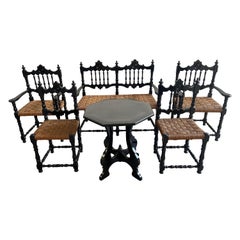 Vintage Mid-Century Modern Portuguese Living Room Set in Ebonized Wood and Straw Seats
