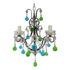 Petit lustre italien en cristal de Murano perlé bleu et vert avec gouttes, vers 1920