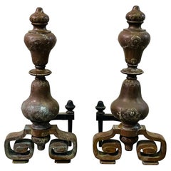 Copper & Iron Incised Fireplace Andirons, Pair
