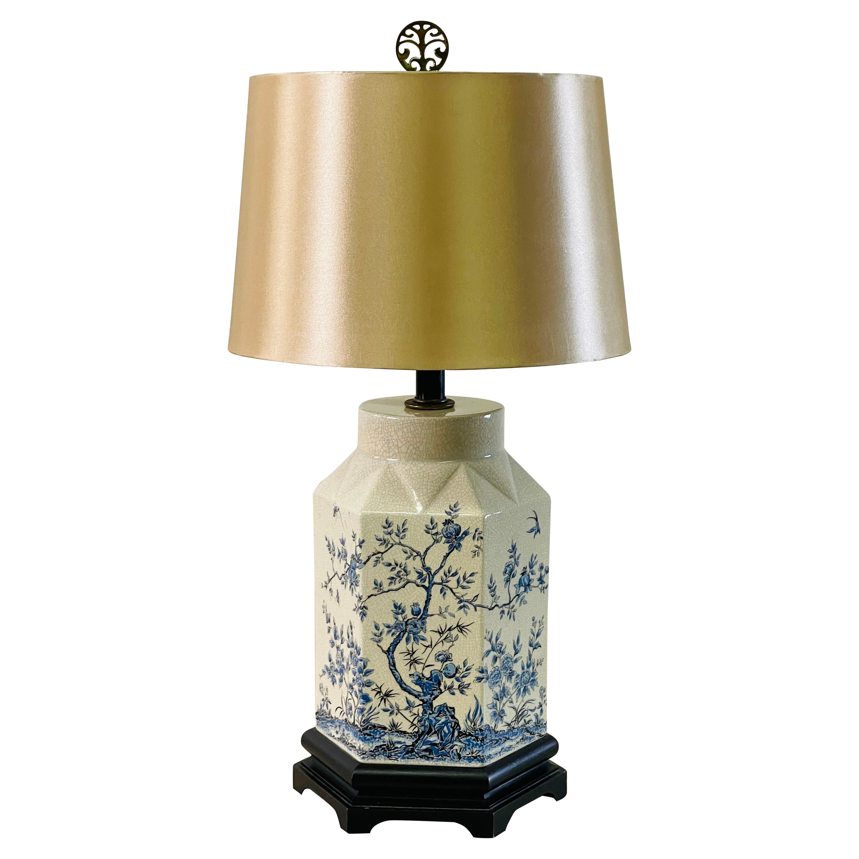1950s Chinoiserie Blue & White Crackle Ceramic Table Lamp