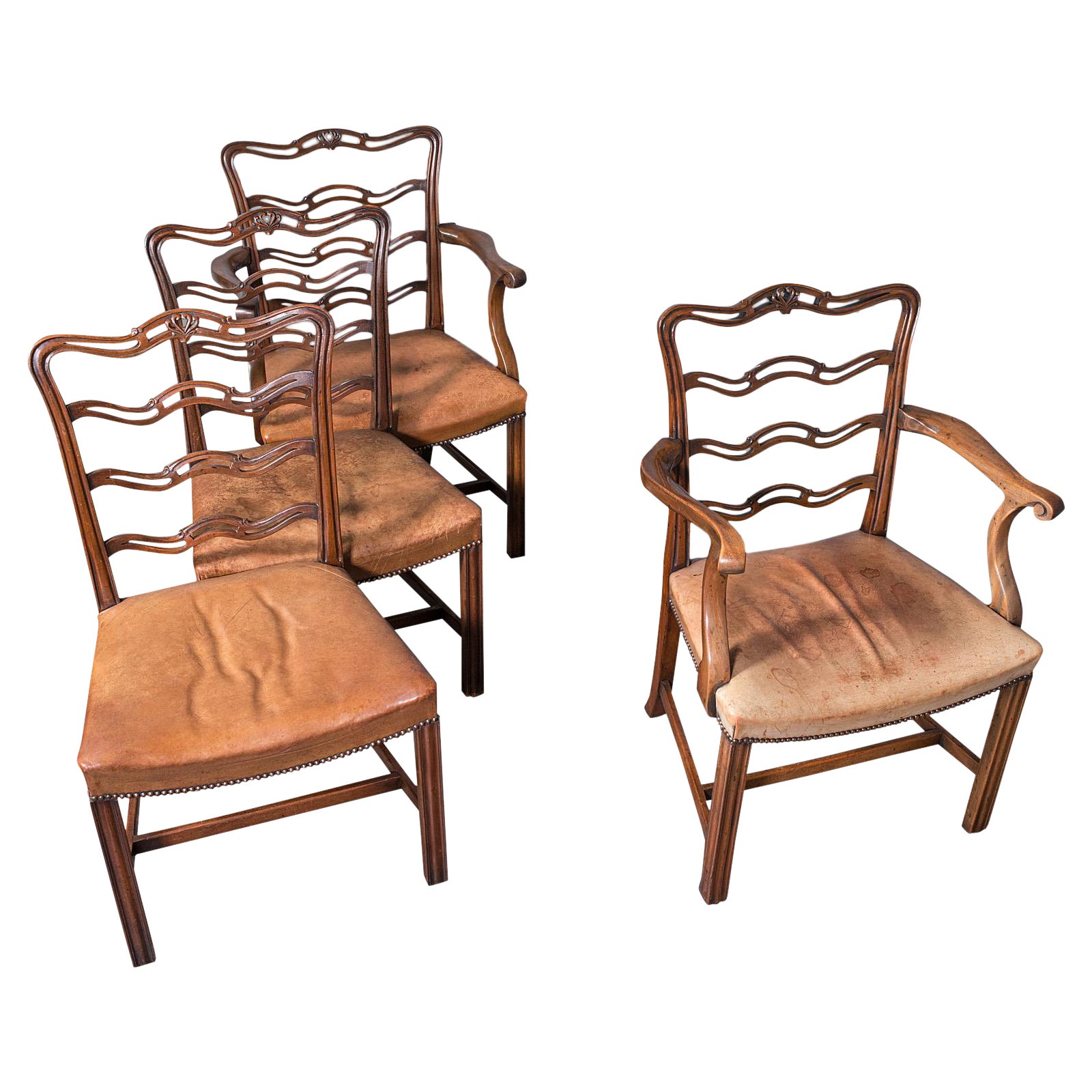 Set of 4 Vintage Ladder Back Chairs, Irish, Carver, Seat, Art Deco, Circa 1940 For Sale