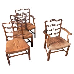 Set of 4 Vintage Ladder Back Chairs, Irish, Carver, Seat, Art Deco, Circa 1940