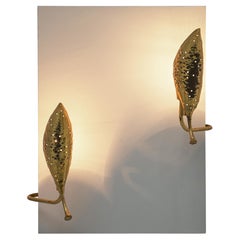 Vintage Rare Angelo Lelii ‘Leaf’ Wall Lamps in Hammered Brass