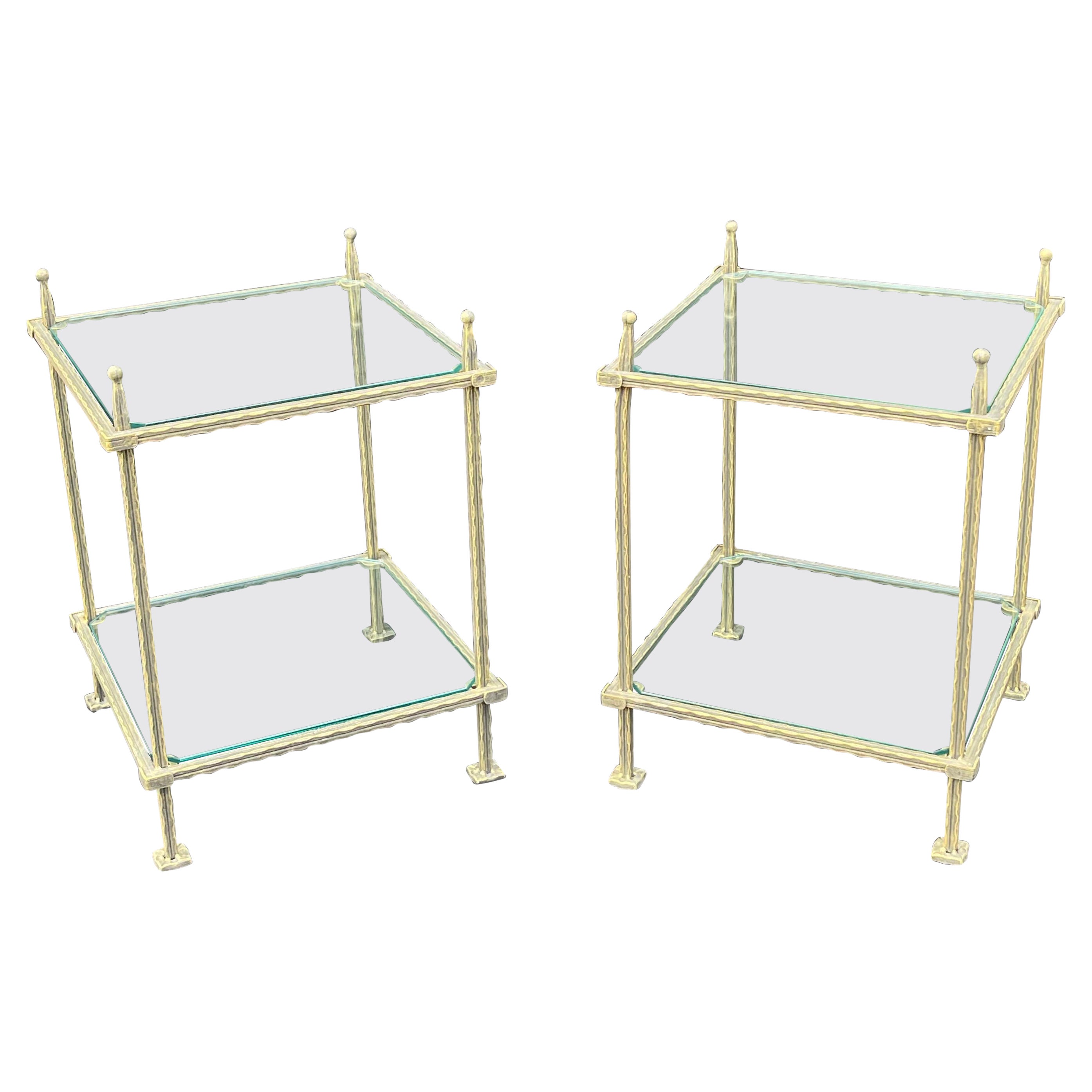 Wonderful Pair Mid Century Bronzed Iron Two-Tiered Glass Tables Claudio Rayes
