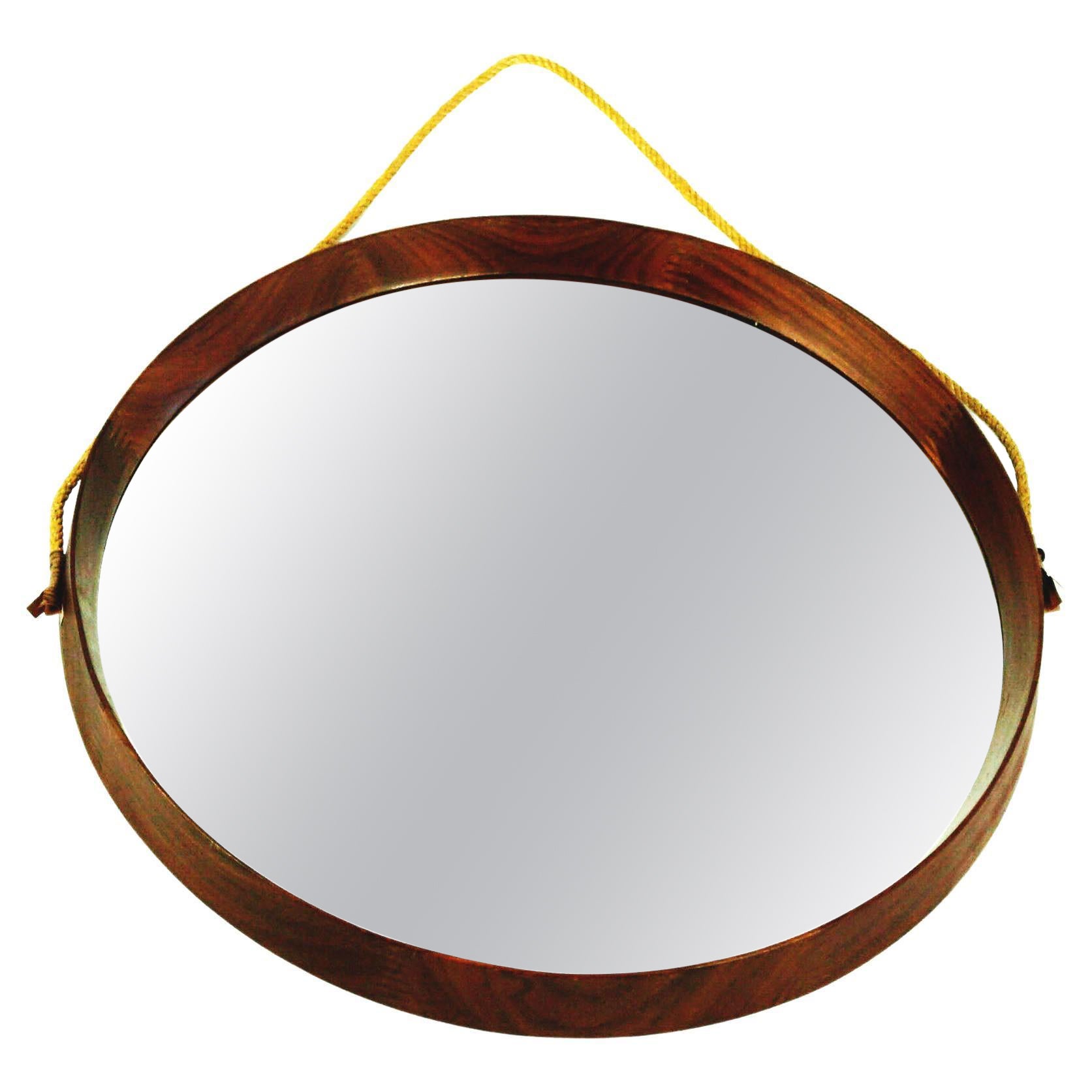 Italian Midcentury Circular Teak and Rope Wall Mirror